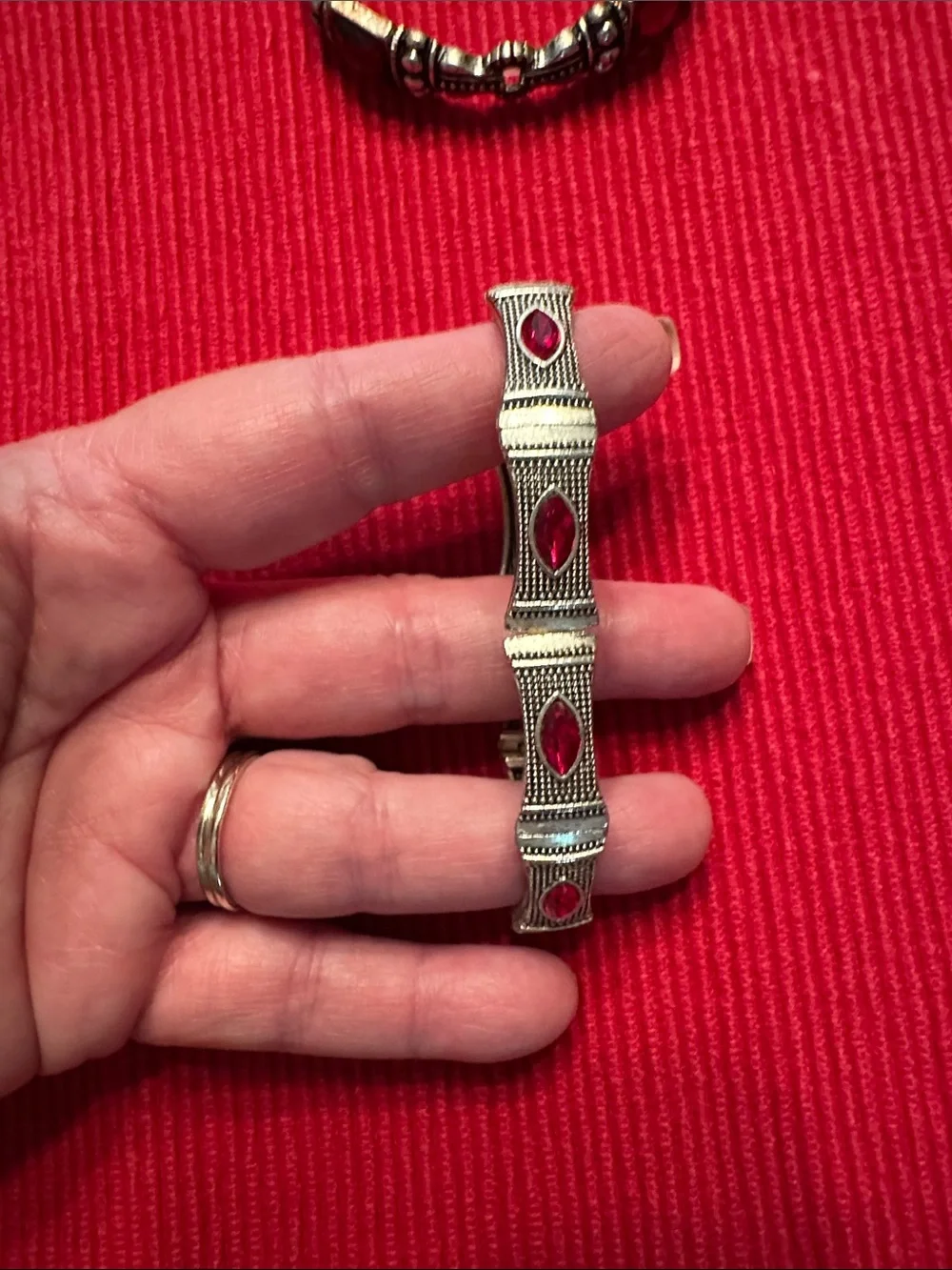 Women's Silver-Tone Bracelet duo and earrings with Red Gem Accents
